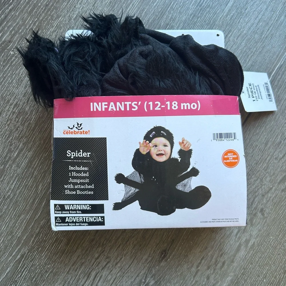 NWT Baby 12-18 M Black Spider Halloween‎ Costume Hooded Jumpsuit